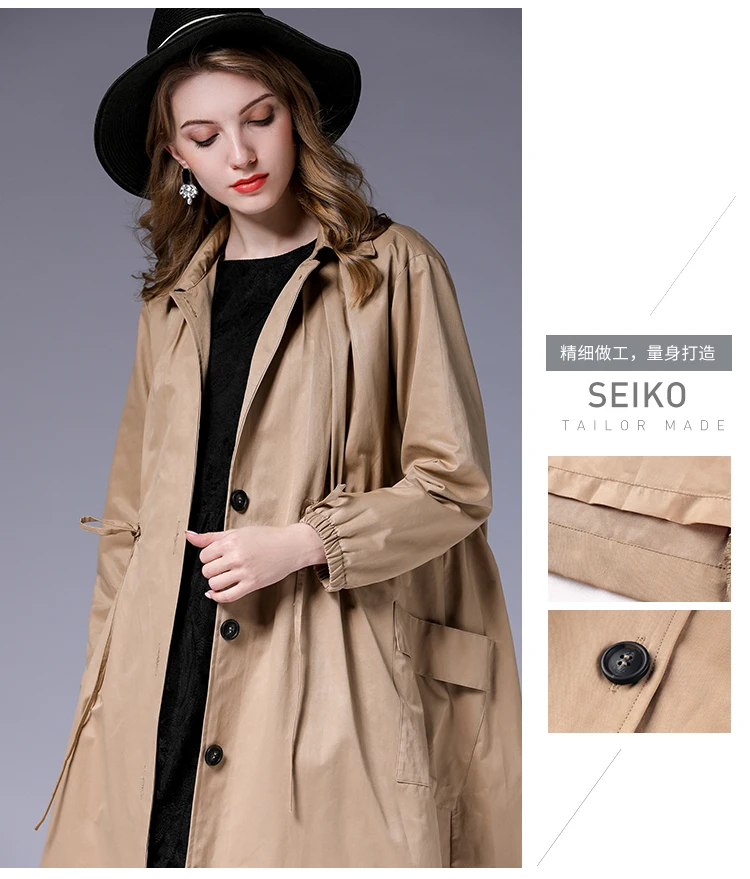 Queechalle, осеннее пальто, хаки, черный, плюс размер, свободный Тренч, Женское пальто с отложным воротником, повседневное длинное пальто, женская ветровка