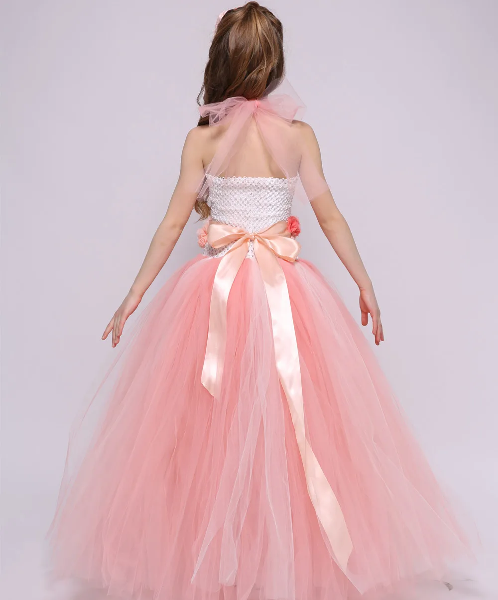 Персиковое платье с цветочным узором для девочек на свадьбу; платье принцессы с фатиновой юбкой-пачкой; элегантное праздничное платье для девочек на День рождения; летняя детская одежда