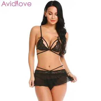 

Avidlove Women Sleepwear Sexy Lingerie Set Lingerie Lace with G-string Bra Mini Sheer Skirt Bralette Unlined