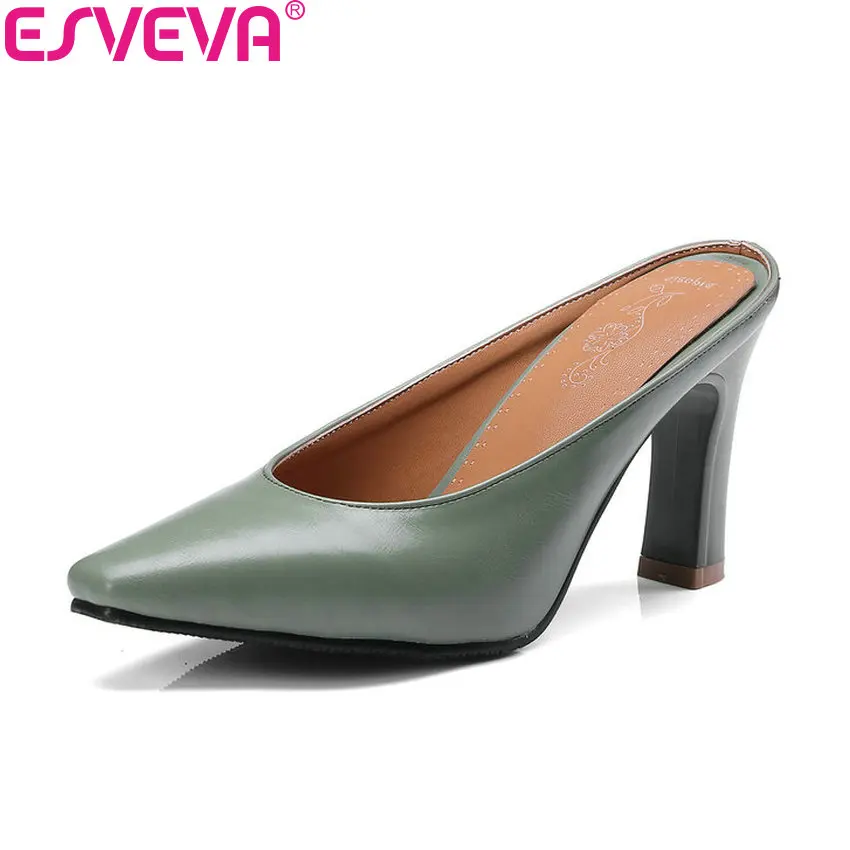 

ESVEVA 2018 Women Pumps Square High Heels Silppers Shoes Pointed Toe PU Autumn and Spring Summer Pumps Women Shoes Size 34-43