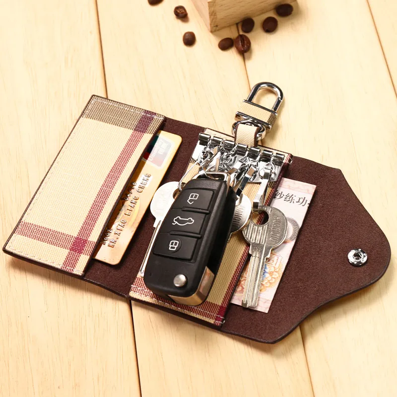 

2019 Fashion Plaid Multi function Men Car Key Wallet Holder Women Key chain Bag Car Keys Bag Leather Key Wallet Case