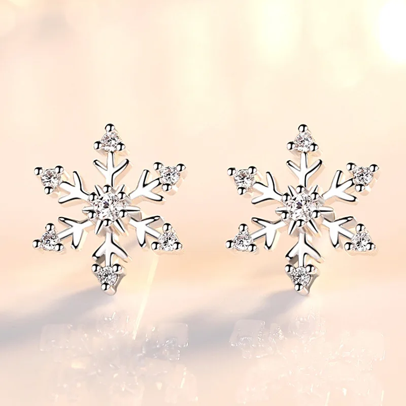 Simple 925 Sterling Silver Zircon Snowflake Stud Earrings For Women Christmas Gift S-E582