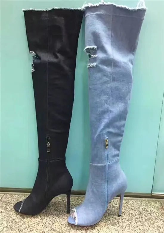Hot Fashion Spring Summer Women Boots Blue Denim Over The Knee Thigh High Boots Open Toe High Heels Hole Shoes Woman Botas Mujer (13)
