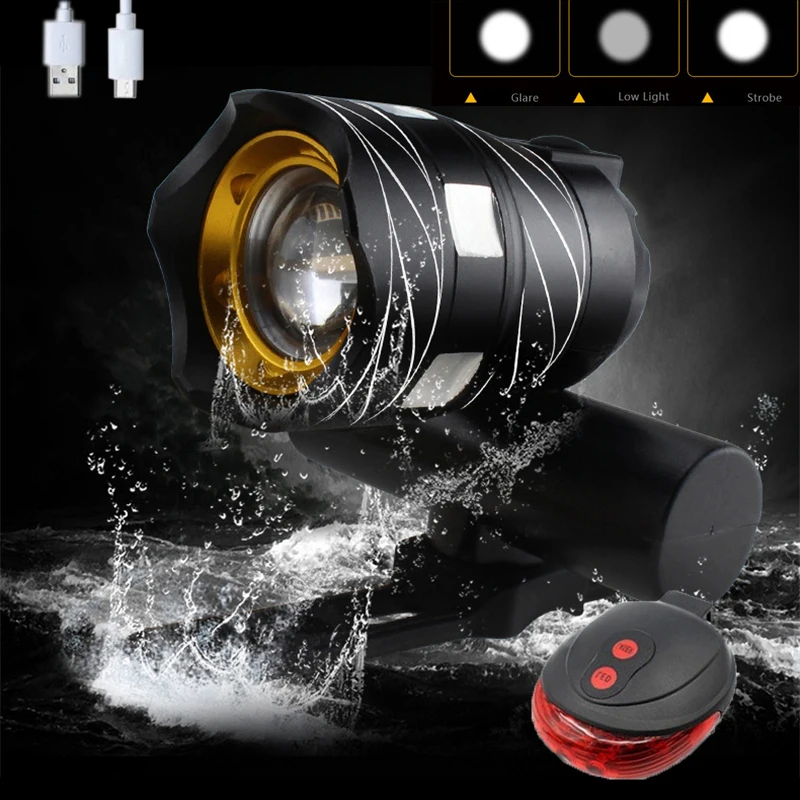 Bicycle Light 15000LM T6 LED USB Line Rear Adjustable 3000mAh Rechargeable Battery Zoomable Front Bike Headlight Lamp | Спорт и