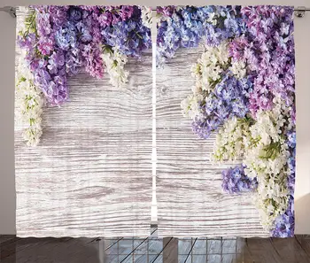 

Rustic Home Decor Curtains Lilac Flowers Bouquet on Wood Table Spring Nature Romance Theme Living Room Bedroom Window Decor