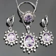 Сиреневый Циркон Серебро 925 костюм Ювелирные наборы для женщин Свадебные белые кольца камни серьги кулон и ожерелье набор ювелирных изделий Подарочная коробка