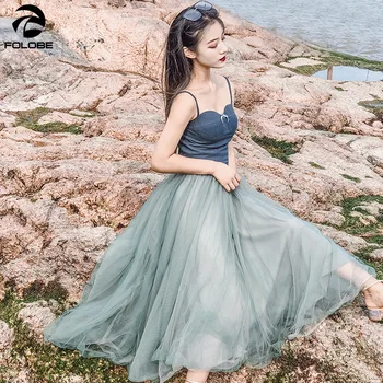 

FOLOBE Summer Women Formal Dress Mesh Tulle Green Dress Strap Hawaii Beach Long Casual Dresses