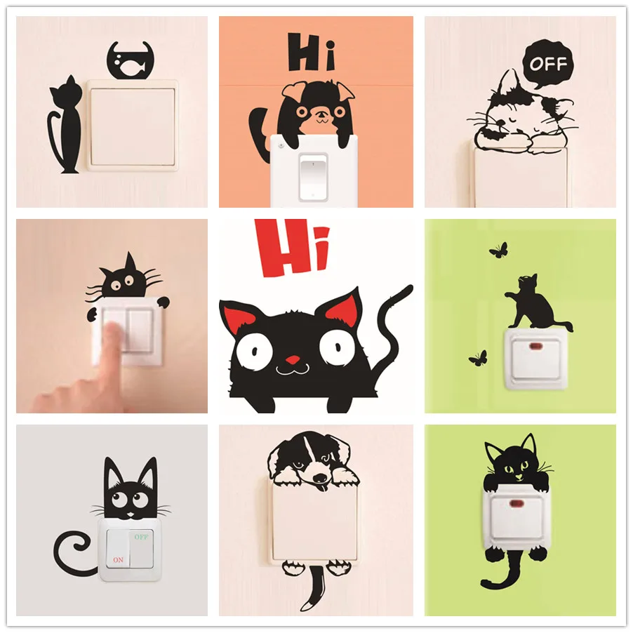 

% Cute Animals dog Cat butterfly Light Switch Sticker Remoable Wall Sticker bedroom Kids Baby Nursery Home Decal Murla Decor