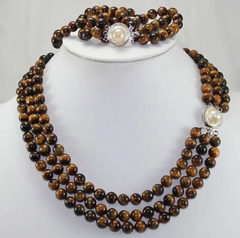 

Natural 3 rows 8mm Africa Roaring Tiger Eye Necklace, Bracelet 17-19"/7.5