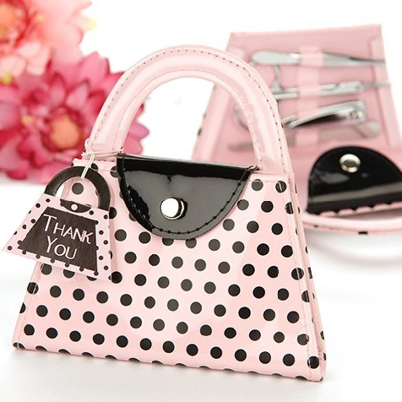 

Free shipping 16sets/lot Wedding Favor Giveaway Gift Pink And Black Polka Dot Purse Manicure Set Wedding Gift