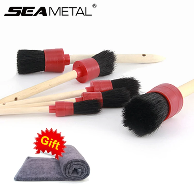 

Car Cleaning Brush Detailing 5Pcs Natural Boar Hair Care Wash Tools Wheel Vent Dust Clean Cloth Goods Auto Interior Accessories