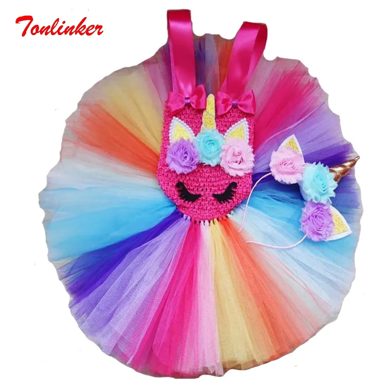 

Girls Rose Red Unicorn Flowers Tutu Dress With Headband Hair Hoop Set for Kids Birthday Theme Party Dress Halloween Party Dress