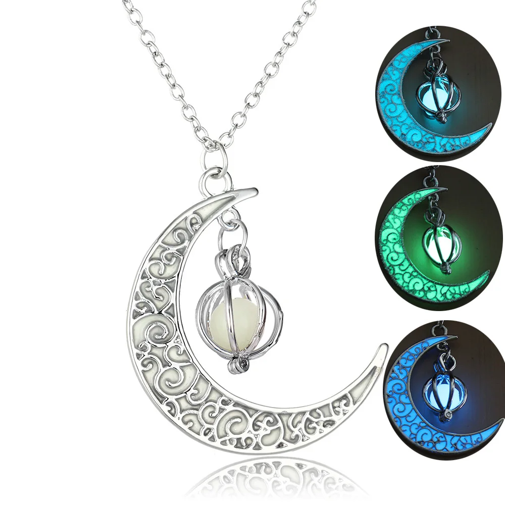 

2019 New Hot Luminous Stone Pendants Necklace Moon Glowing Necklace Gem Charm Jewelry Silver Plated Women Halloween Gifts