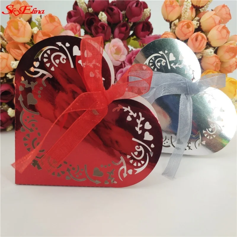 10/50PCS Candy Box Heart-shaped dragee Boxes Laser Cut Wedding decoration Party Baby Shower Gift Boxes Pearlscent Paper 5z