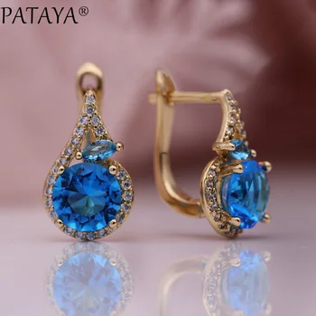 

PATAYA New Women Fine Noble Horse Eye Dangle Earrings 585 Rose Gold Round Blue Natural Zircon Wedding Party Cute Fashion Jewelry