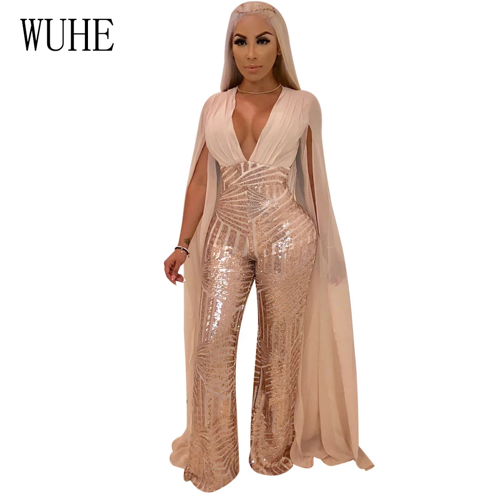 WUHE Sparkly Sequins Overalls For Women Cape Split Extra Long Sleeve V Neck Jumpsuit Elegant See Through Plus Size Party Romper