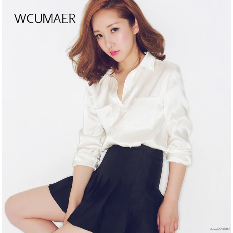 

S-XXXL women Fashion silk satin blouse button ladies silk blouses shirt casual office Pearl white long sleeve satin top 8052