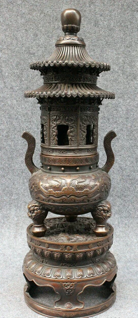 

002809 19" Tibet Pure Bronze Dragon Lion Head Statue Temple Stupa Incense Burner Censer