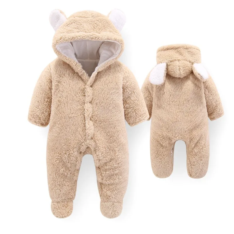 CROAL CHERIE Kawaii Bear Ear Baby Romper Winter Costume Baby Boys Clothes Coral Fleece Warm Baby Girls Clothing Animal Overall   (1)