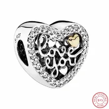Прозрачный CZ Love Script Бисер для изготовления ювелирных изделий особенность 14 K золото Маленькая Сердце DIY Fit PANDORA Подвески Серебро 925 FL500K