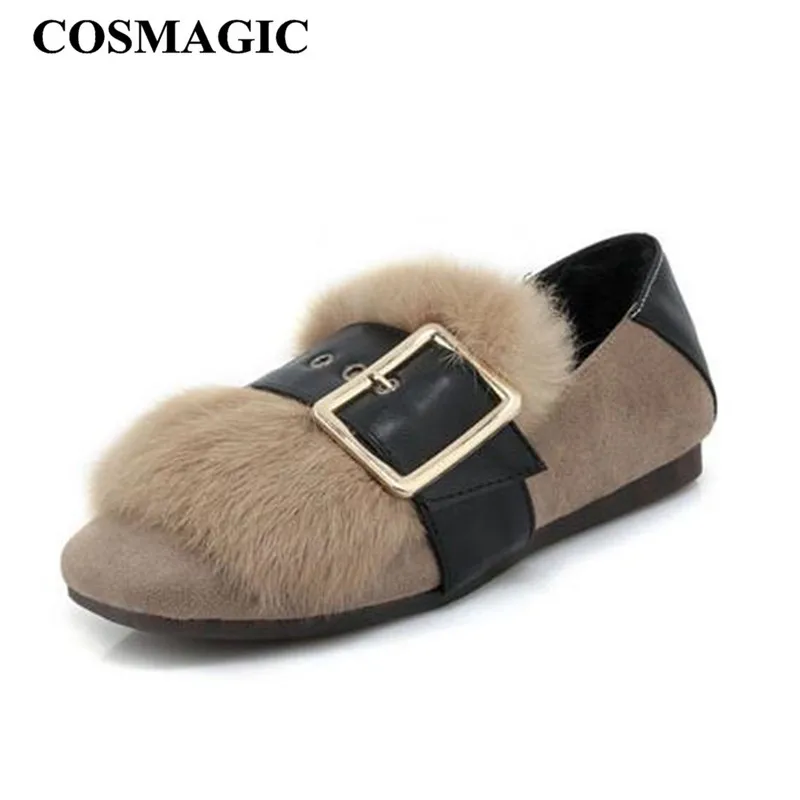 Balletto On Scarpe Quadrata Fibbia Di Nuovi Barca Molli cachi 2018 Coniglio Donne Guida Nero Mocassini Walking cioccolato Cosmagic Pelliccia Casuali Da Autunno Slip Il Punta Appartamenti 8wtfC