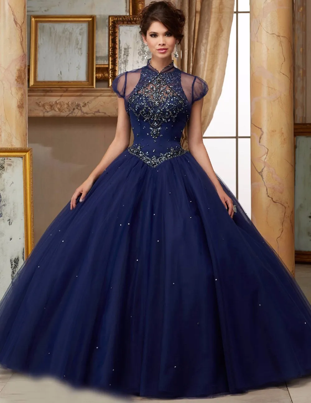 Новая мода Бальные платья Scoop Neck Кристаллы подробности Темно-синие мягкий тюль Принцесса Пышное Платье для сладких 16 лет