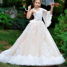 Новинка; цвет бежевый; фатиновое белое кружевное платье с цветочным узором для девочек на свадьбу; детская одежда; пышные платья; платье для причастия; Размер От 2 до 16 лет