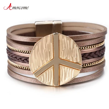 

Amorcome Peace Symbol Charm Leather Bracelets for Women Fashion Magnetic Clasp Multilayer Wide Bracelet Female Jewelry Gift