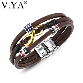 

V.YA Multilayer Infinity Leather Bracelets For Men 21cm Stainless Steel Brown Colors Cool Male Two Tone Wrap Bracelet Drop Ship