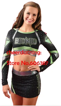 

2015 style lycra fabric Girls cheerleader uniform 1 set cheerleader costume pick size outfit top +shorts with rhistone