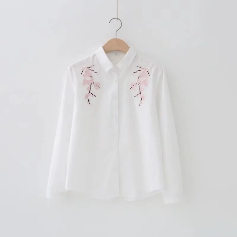 Женская рубашка с вышивкой, повседневные стильные блузки с длинным рукавом, Женские топы с отложным воротником, женские модные рубашки с цветочным принтом ZY4205 - Цвет: Белый