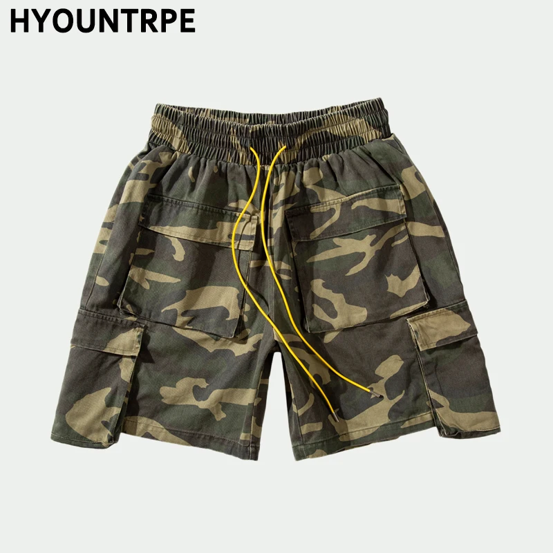 Mens Camouflage Hip Hop Shorts Stitching Pockets Cargo Shorts Casual Elastic Waist Drawstring Sportswear Streetwear Short Pants