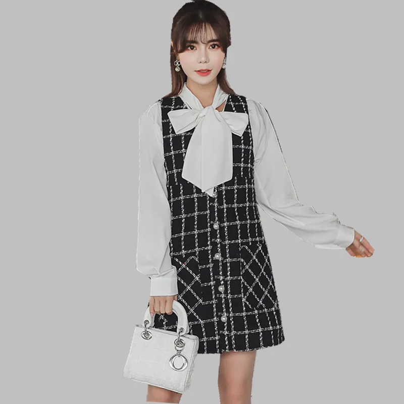 

HAMALIEL Two Pices Set Dress 2019 Spring Women White Chiffon Bow Shirt Suits +Tweed Plaid Vest Black Single Breasted Dress Suits