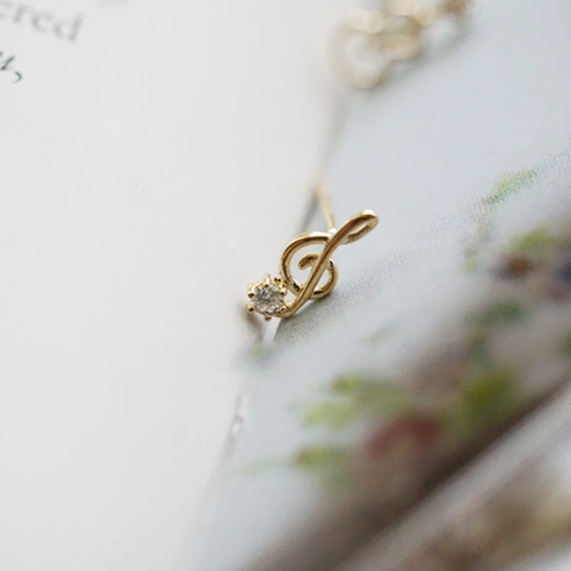 

women stud earrings 14k gold female Korean bling zircon Czech violin note stud earrings fine jewelry accessories earrings girl