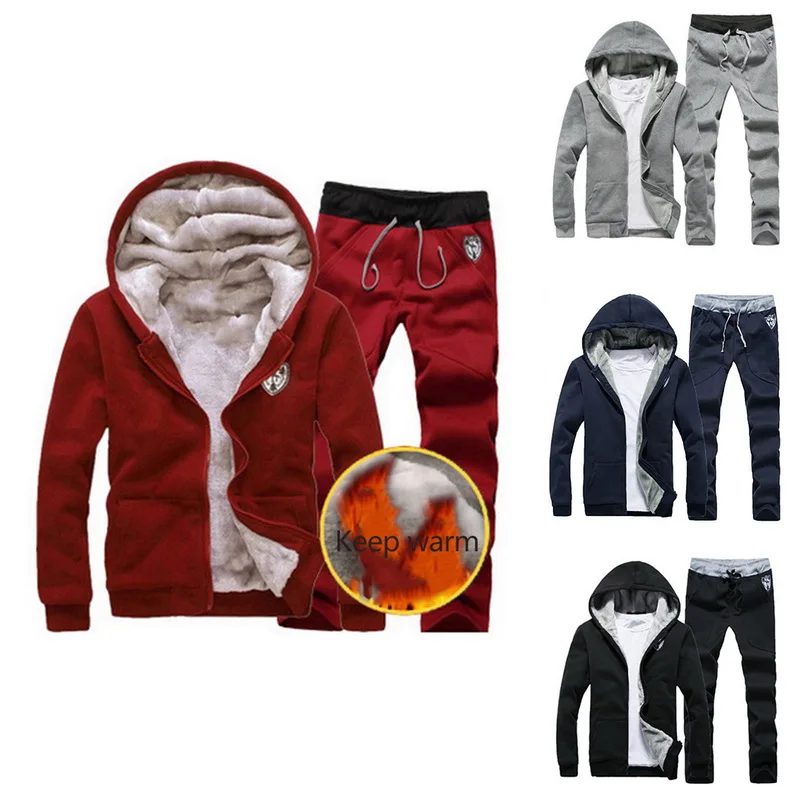 

Drop shipping OEAK Winter Thick Tracksuit Hoodie Sportswear Zipper Fleece Hooded Jackets+Elastic Waist Pants Casual Men Set