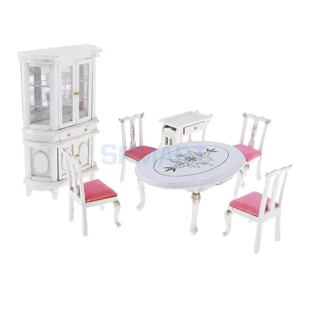 Best Quality European Style 1/12 Dollhouse Miniature Wooden Dining Table Chair Display Cabinet Set Dining Room Furniture Kit 7pcs Best Quality European Style 1/12 Dollhouse Miniature Wooden Dining Table Chair Display Cabinet Set Dining Room Furniture Kit 7pcs