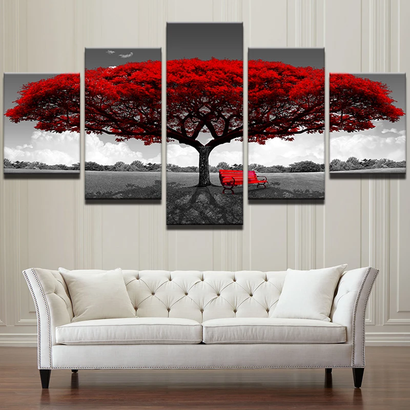 Современные картины на холсте, HD печать, 5 шт., красное дерево, красная скамейка, пейзаж, гостиная, домашний декор, настенная живопись, плакат