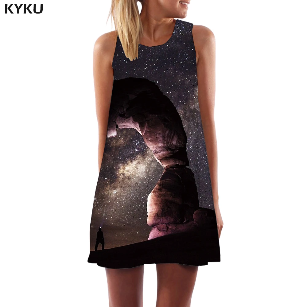 

KYKU Brand Galaxy Dress Women Mountain Korean Style Nebula 3d Print Character Sexy Gothic Ladies Dresses Womens Clothing Elegant