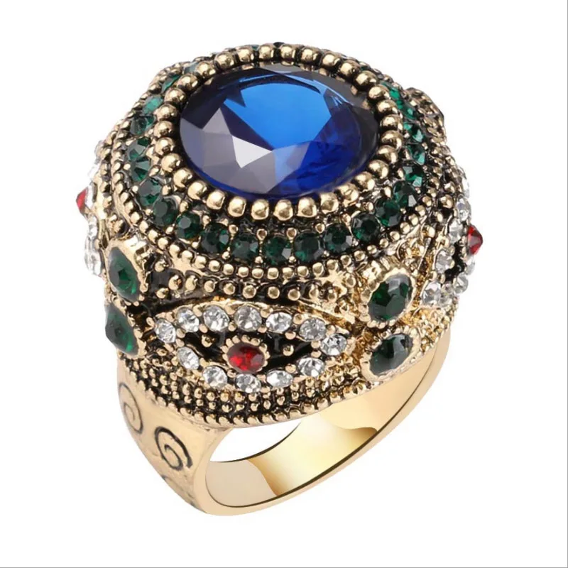 

2018 New Fashion Vintage Rings Retro Style Turkish Ring Gold Color Rhinestone Resin Classical Beauty Jewelry Gift
