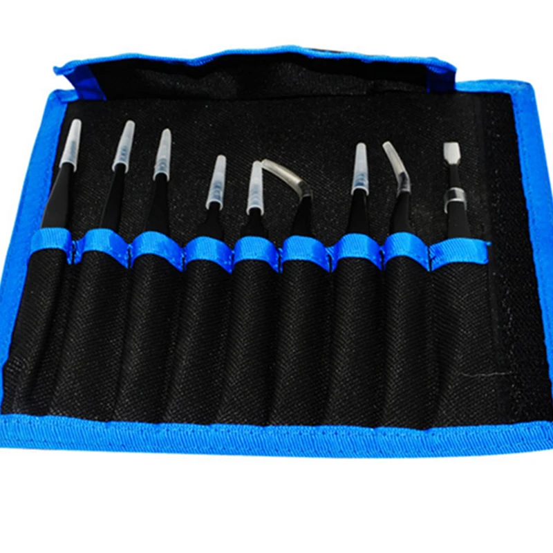 9Pcs ESD Precision Tweezers Tools Kit Anti-static Stainless Steel Tweezers with Storage Bag for Lab Electronics Jewelry