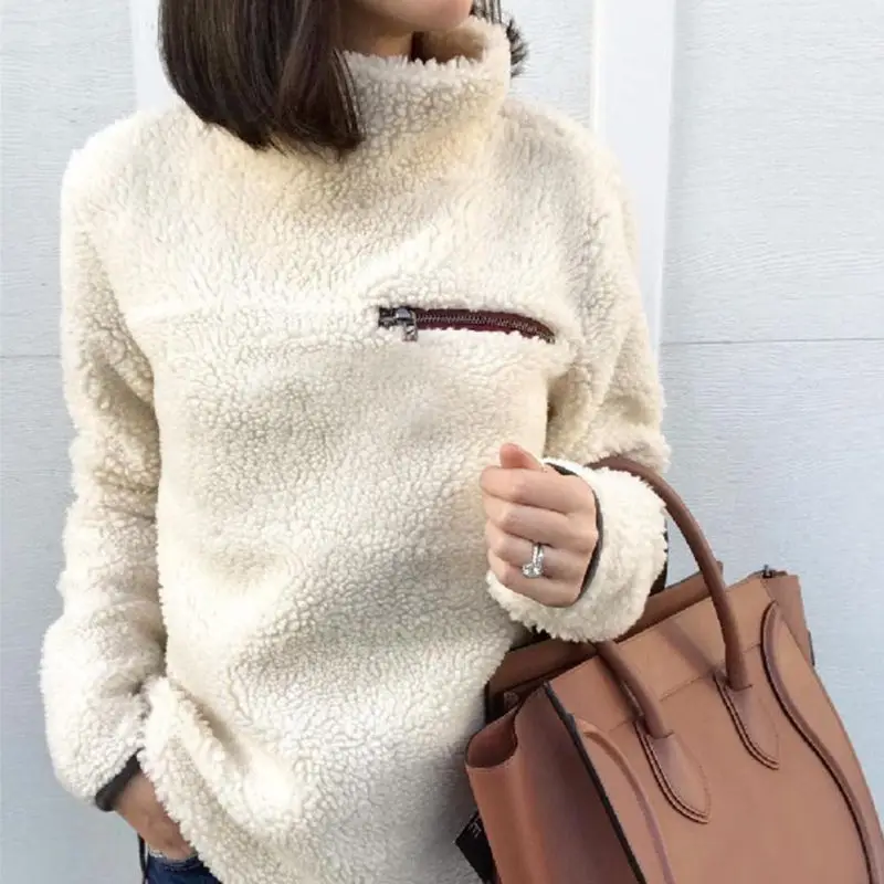 

Fashion Turtleneck Sweater Women Pullover Tops Fluffy Fleece Warm Autumn Winter Long Sleeve Ladies Zip Solid Sweaters Jumper