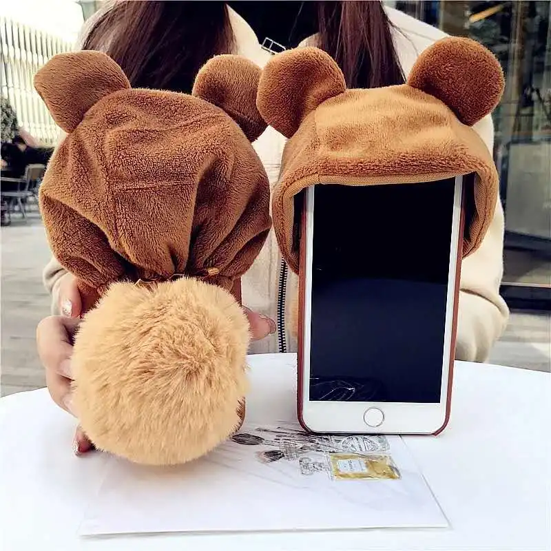 

ROHDEA iphoneXS MAX Cute Fluffy Bear Hat Fur Case for iphone 6 6s 7 8 PLUS Silicon Cover for iphoneX XS XR Hard TPU Case Shell