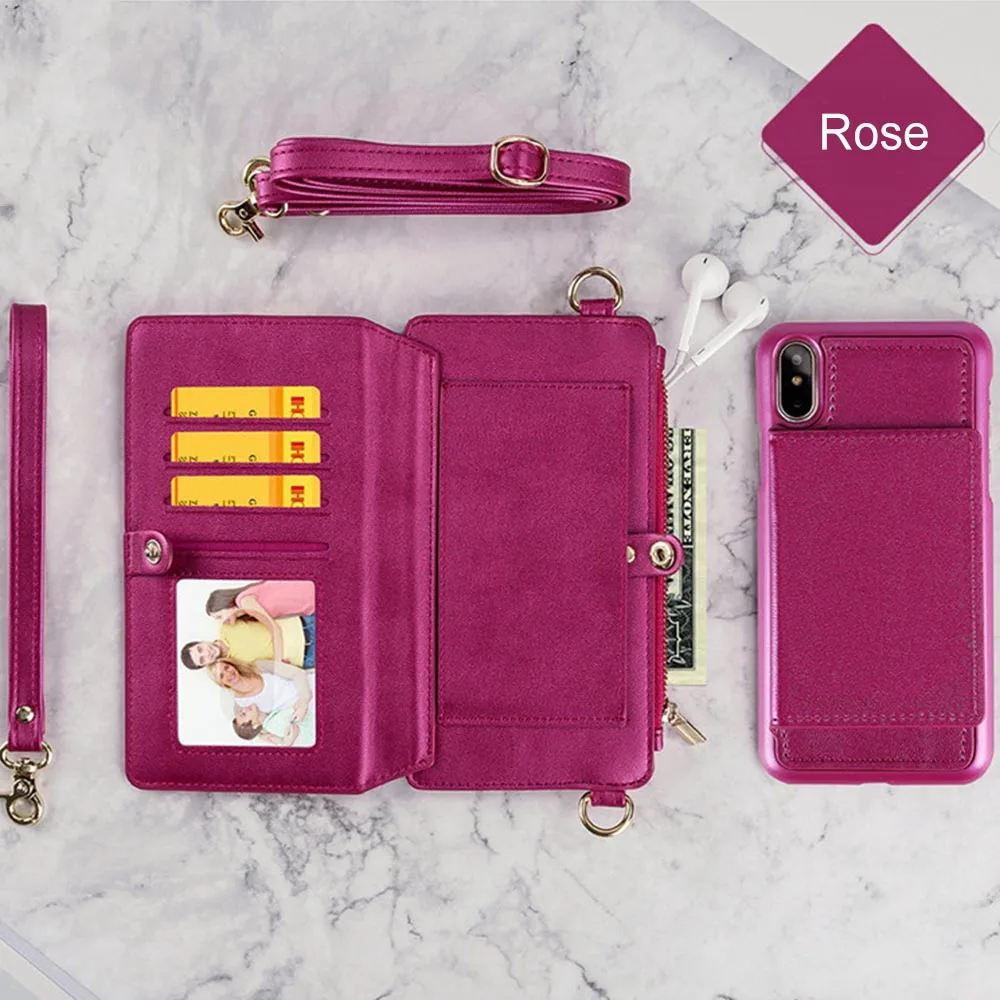 4 in 1 Leather Wallet Bag Case for iPhone X 6 6s 7 8 Plus Detachable Phone Cover Card Slot Girl Women Shoulder Bag Handbag Pouch (46)