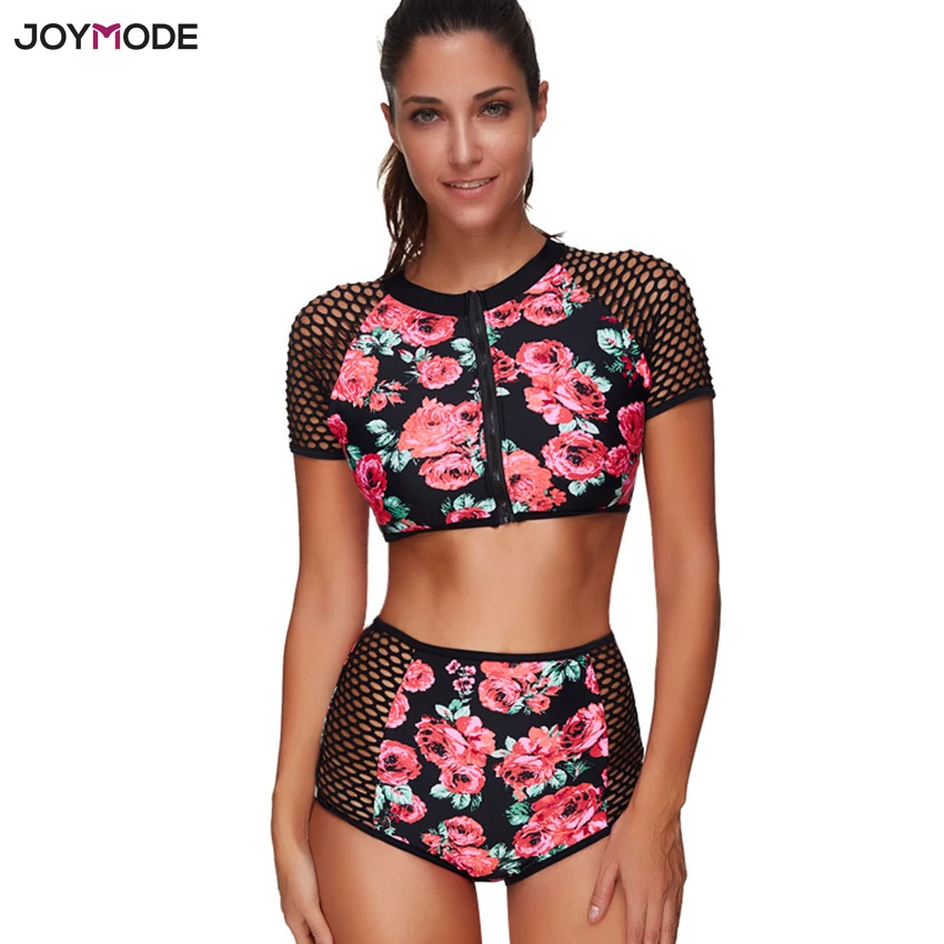 JOYMODE, сексуальный сетчатый купальник с рукавом, на молнии спереди, Цветочный купальник, танкини, два предмета, бикини Victoria, открытая, высокая талия, пляжная одежда, 3XL