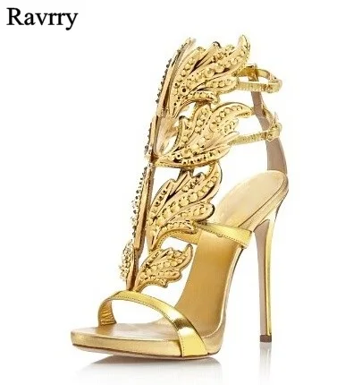 

Stylish Designer Gold Black Silver Crystal Embellished Wing High Heel Sandals Brand Cut-out Formal Dress Sitletto Heels Sandal