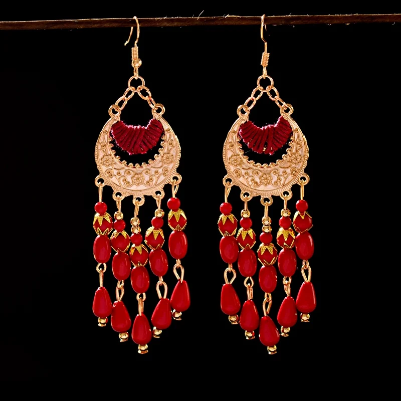 

TopHanqi Bohemia Style Ethnic Gold Carved Metal Red Stone Water Drop Long Tassel Earrings For Women bijoux Pendientes Mujer 2019