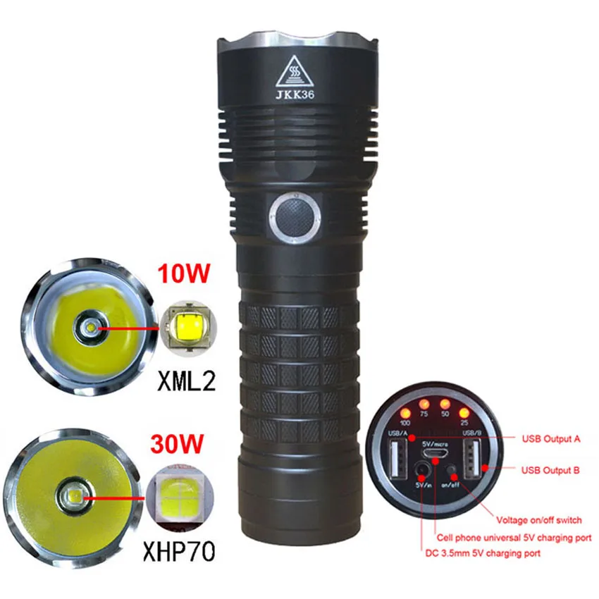Powerful 18650 Flashlight Cree XML2 XHP70 LED USB output Torch Mobile