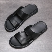 Yomior/летние шлепанцы из натуральной кожи; мужские открытые дышащие пляжные сандалии; мужская повседневная обувь на плоской подошве; Вьетнамки; Zapatos; Цвет Черный