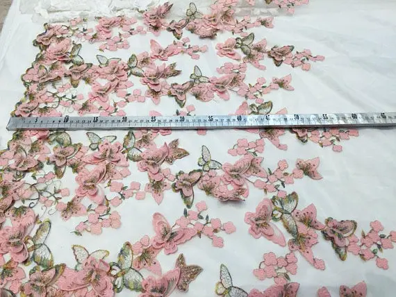 

5yards pink lace fabric, heavy embroidered lace fabric with 3D butterflies, bridal lace fabric, haute couture lace fabric,