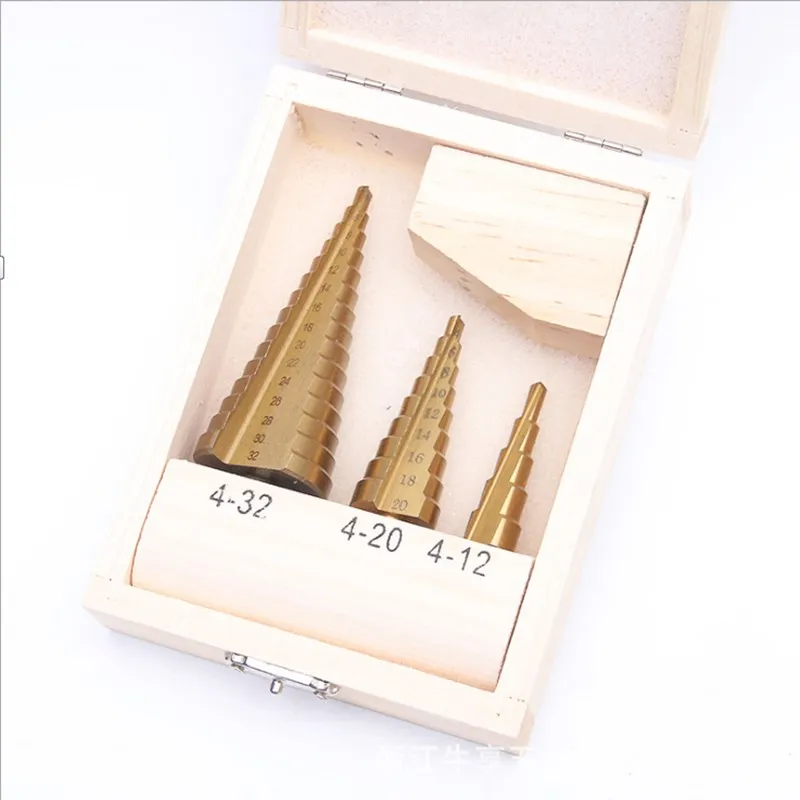 

Step Drill Bit HSS Pagoda Bit Step Eeamer 3pc Wooden Box For Metal High Speed Steel Wood Hole Cutter